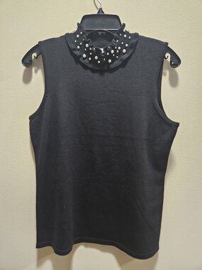 Carmen Marc Valvo Black Sleeveless Pearl-Embellished Ruffle Mock Neck Top
